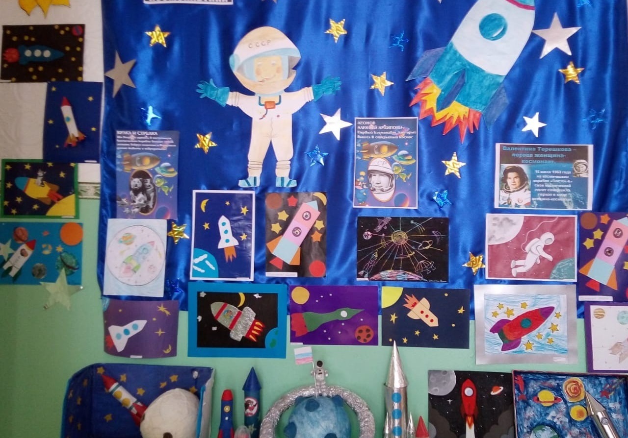 Выставка рисунков ко дню космонавтики в детском саду